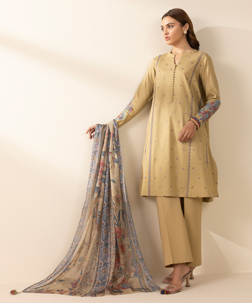 Unstitched Women's Beige Textured Lawn Shirt Dupatta