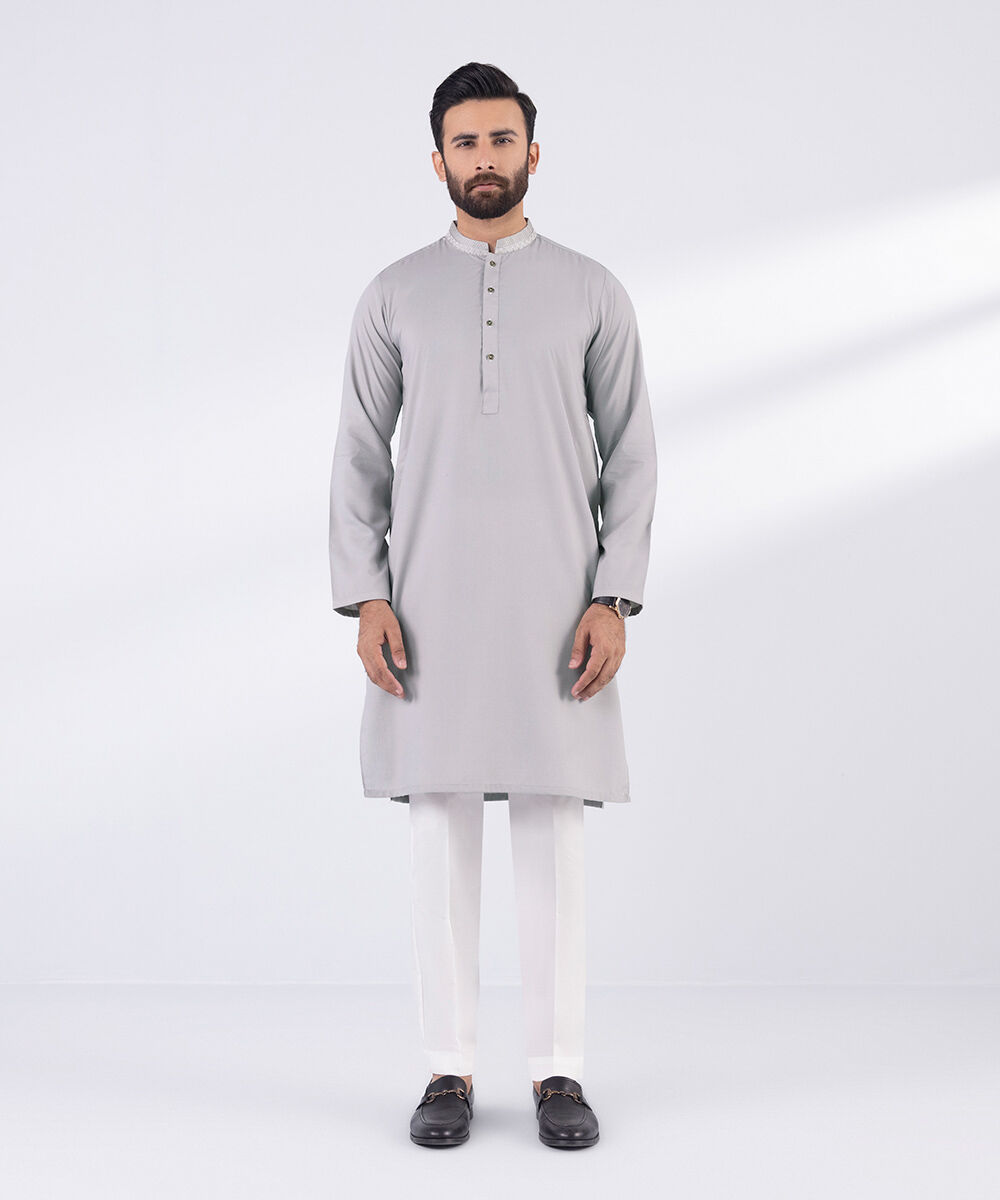 Men's Blended Stitched Embroidered Grey Kurta