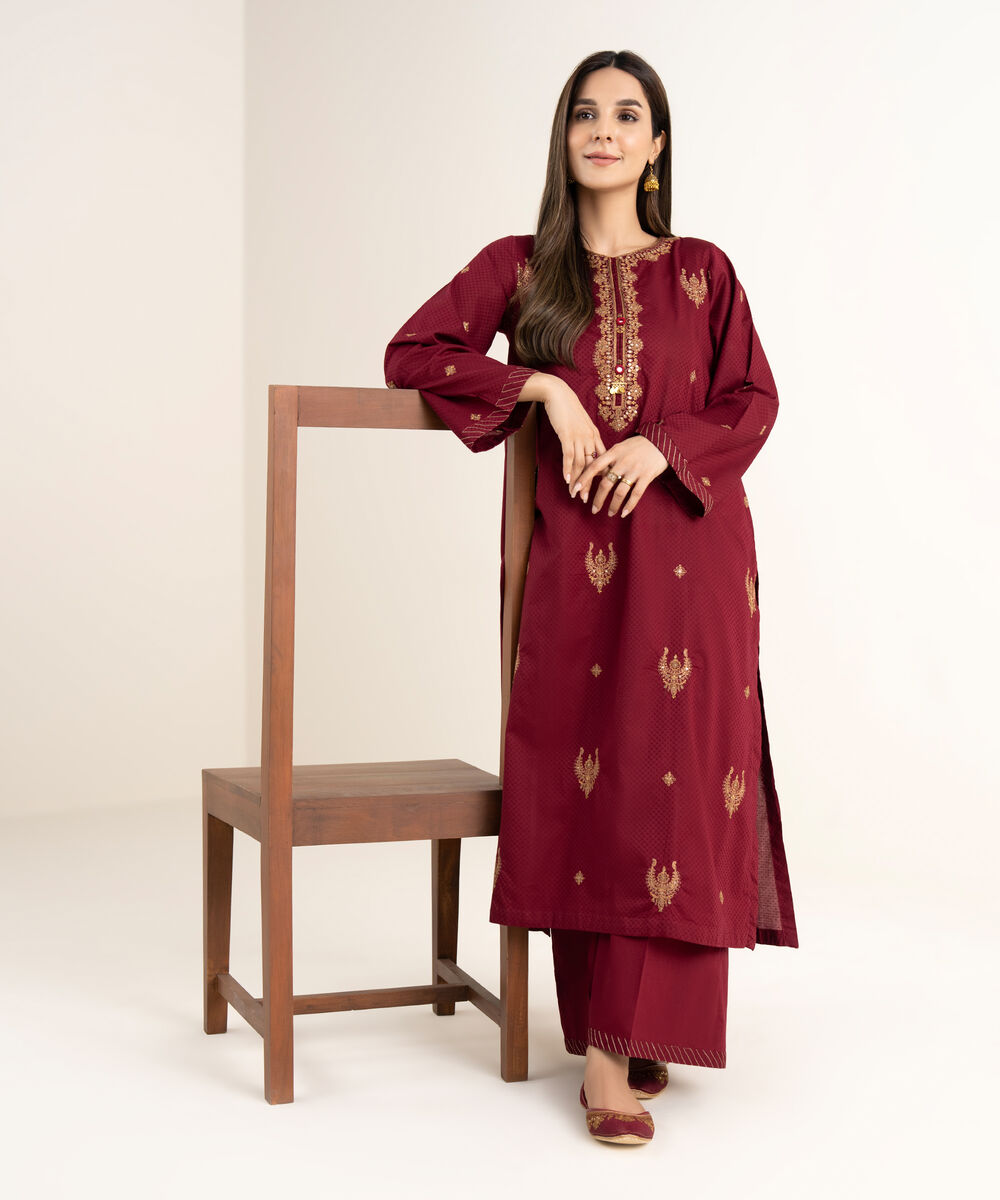 Women's RTW Textured Cotton Maroon Embroidered Straight Shirt