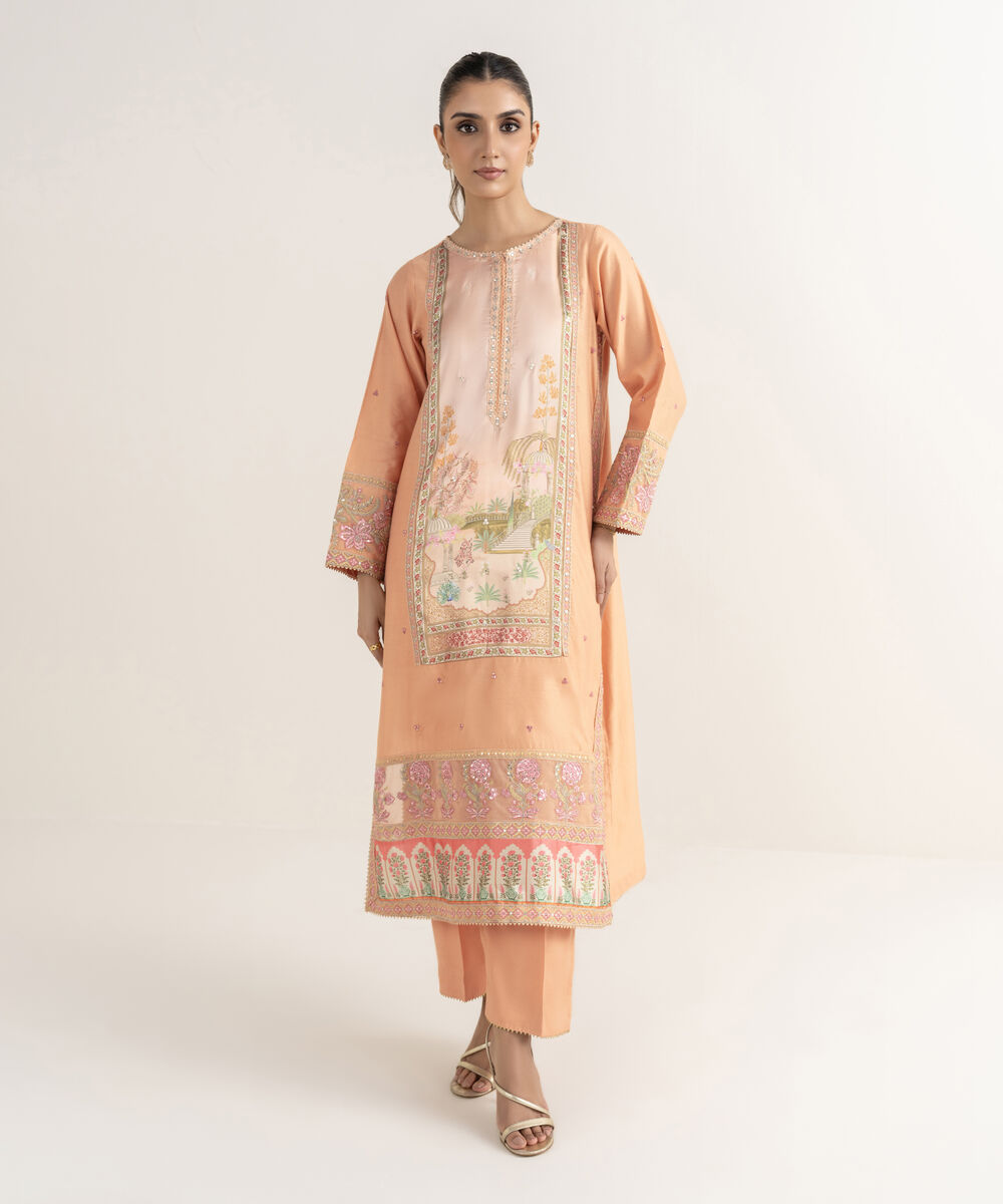 Women's RTW Silk Cotton Net Embroidered A-Line Orange Shirt