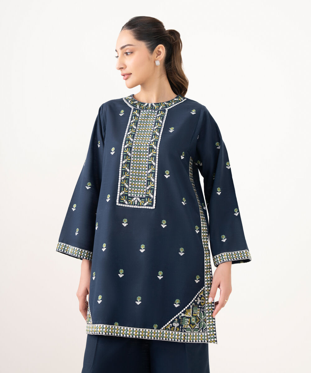 Women's RTW Cotton Embroidered Blue Straight Shirt
