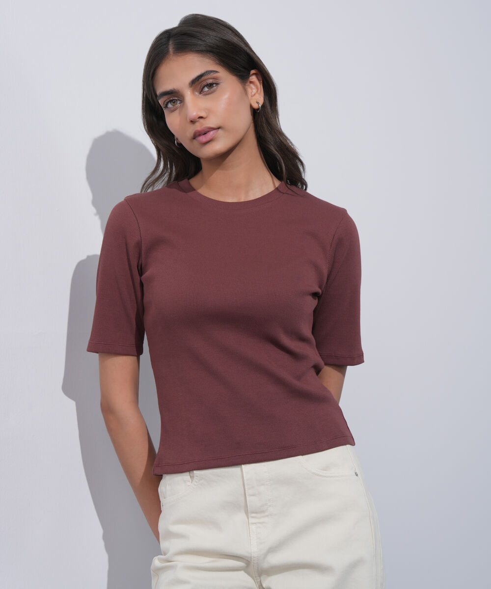 Women's Western Wear Brown Slim-Fit Ribbed T-Shirt
