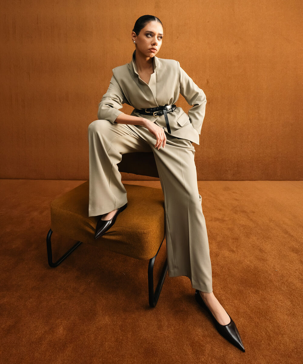 Women's Western Wear Beige Slouchy Tailored Trousers