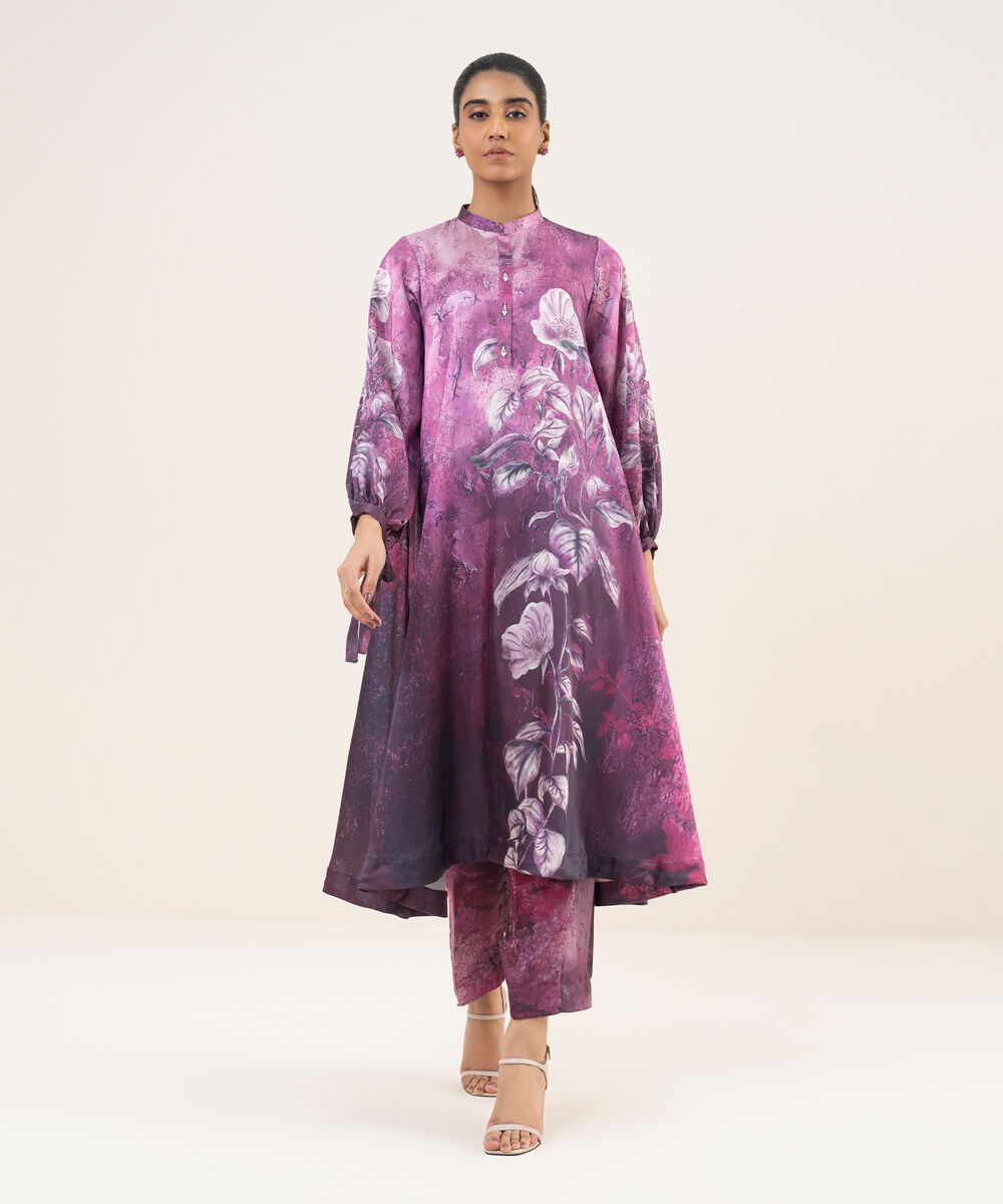 Women's RTW Blended Satin Purple Printed 2 Piece Suit