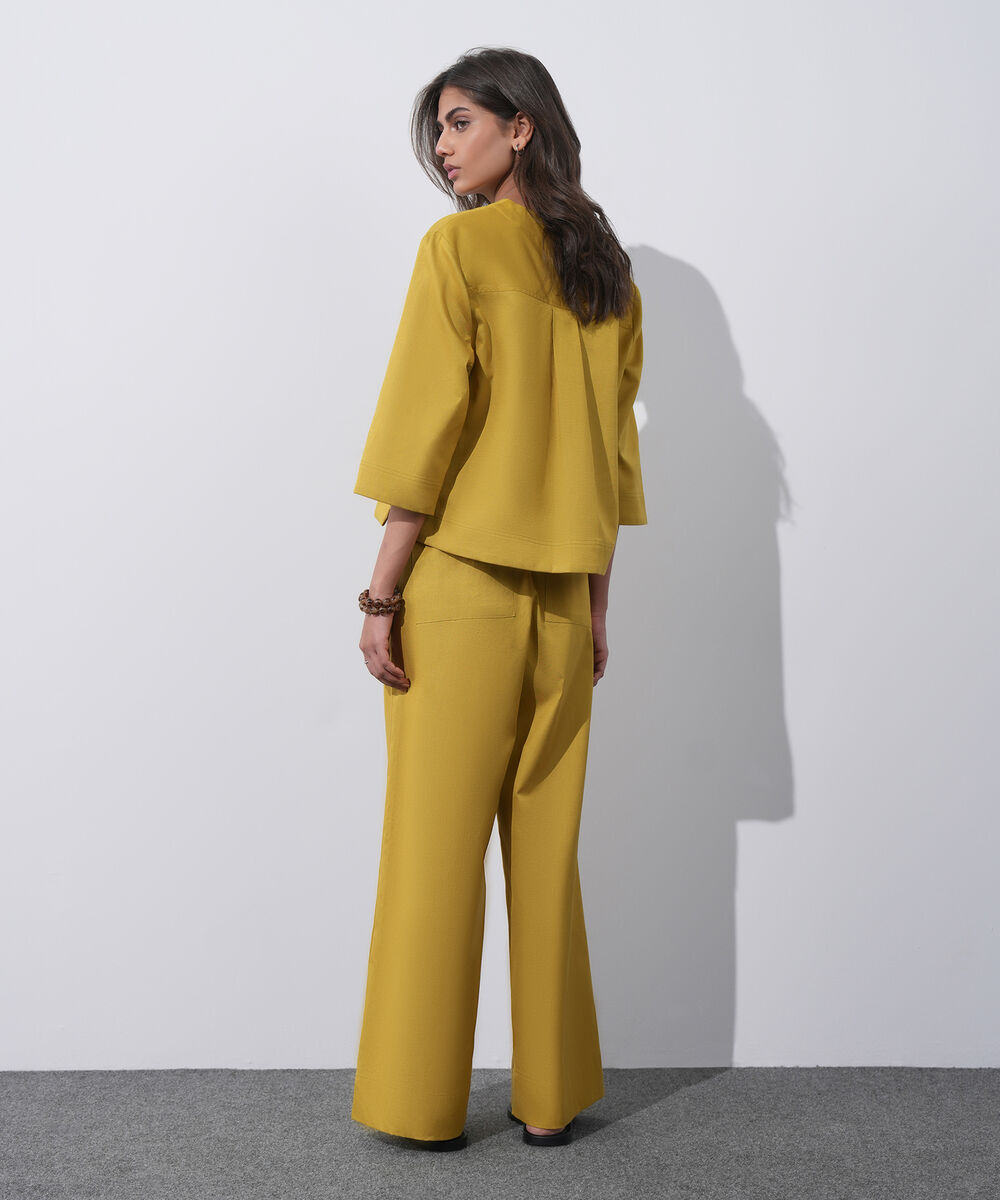 Women's Western Wear Mustard V-Neck Linen Blend Shirt