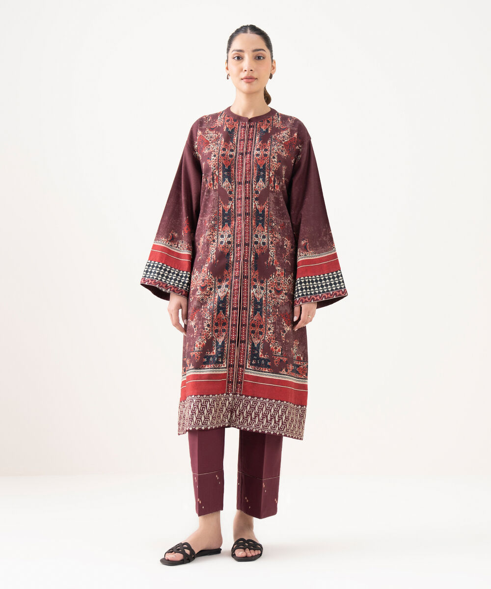 Women's RTW Cotton Embroidered Brown Drop Shoulder Shirt