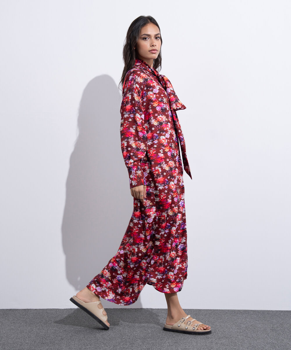 Women's Western Wear Red Printed Dress With Knot Detail