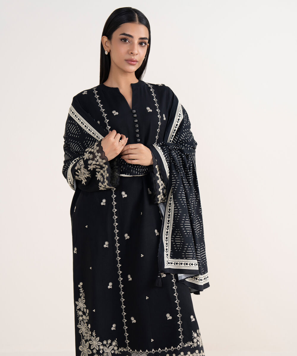 Women's Unstitched Linen Embroidered Black 3 Piece Suit