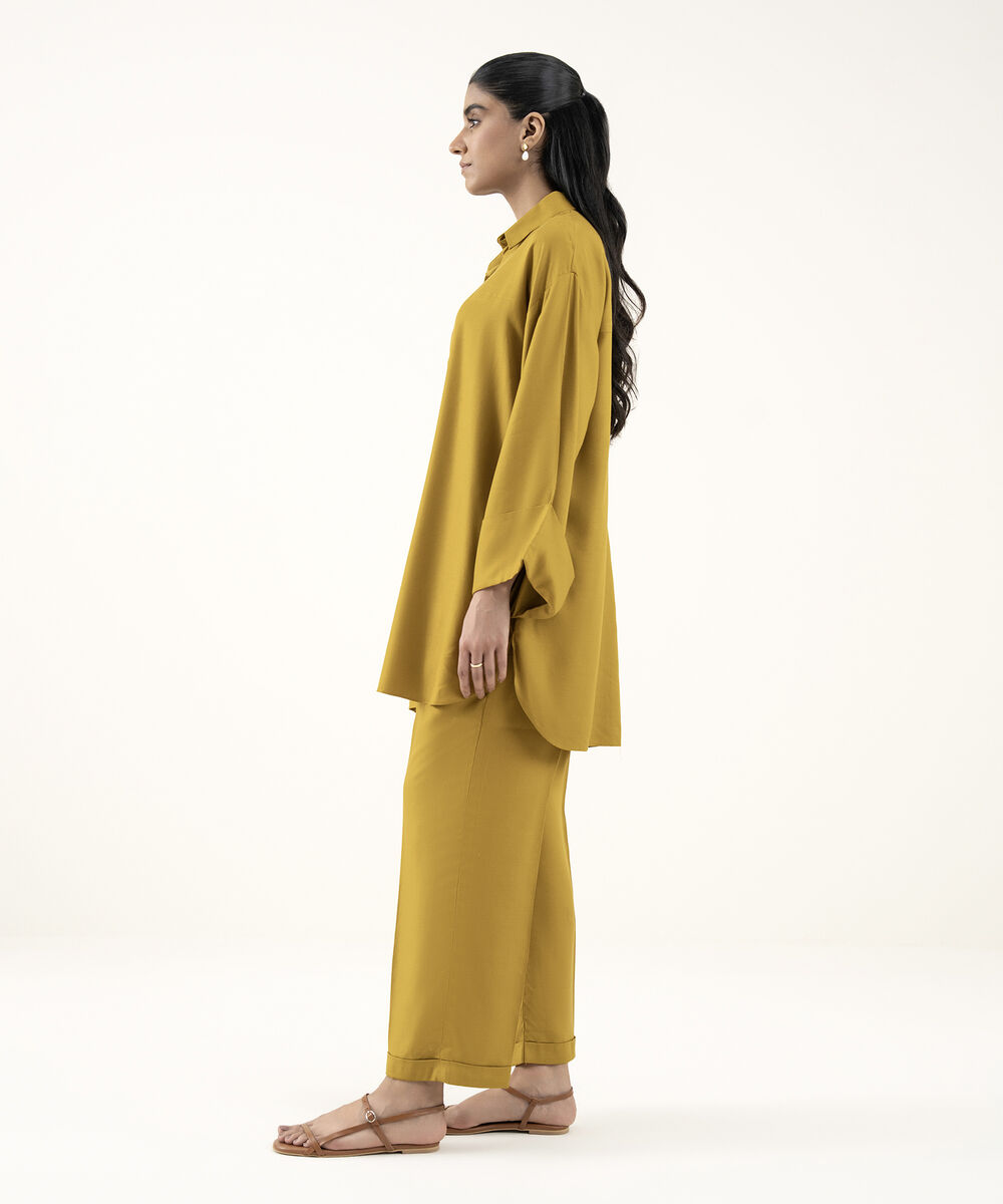 Women's RTW Dobby Mustard Solid Button Down Shirt