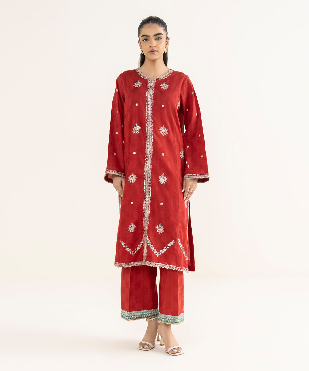 Women's RTW Self Jacquard Embroidered Red Straight Shirt