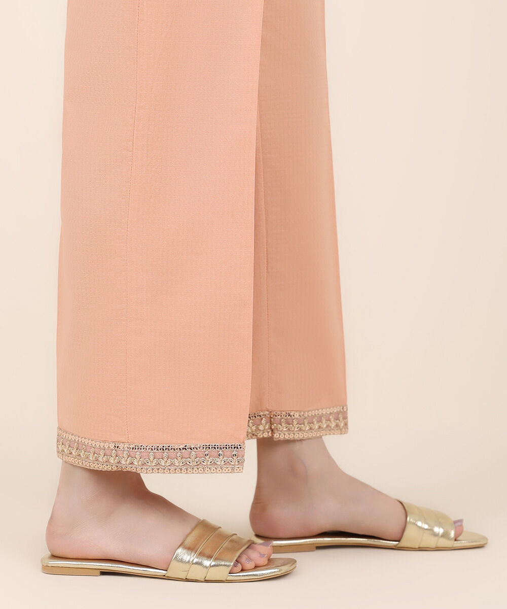 Women's RTW Textured Cotton Pink Embroidered Straight Pants