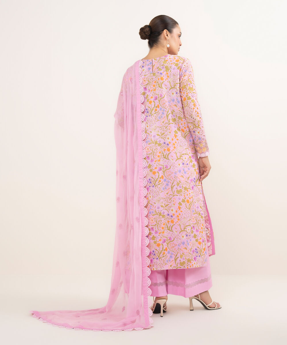 Women's Unstitched Cotton Embroidered Pink 3 Piece Suit