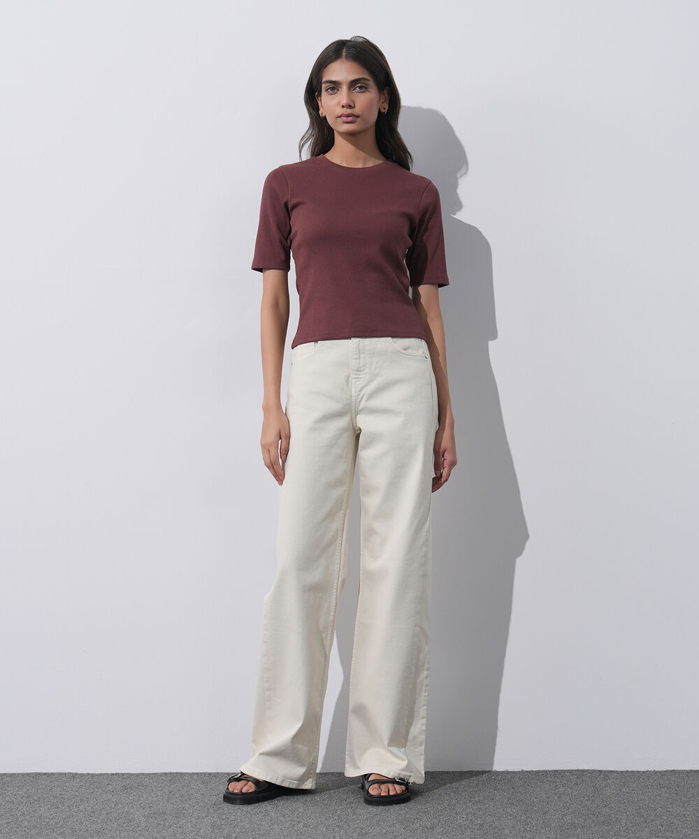 Women's Western Wear Brown Slim-Fit Ribbed T-Shirt