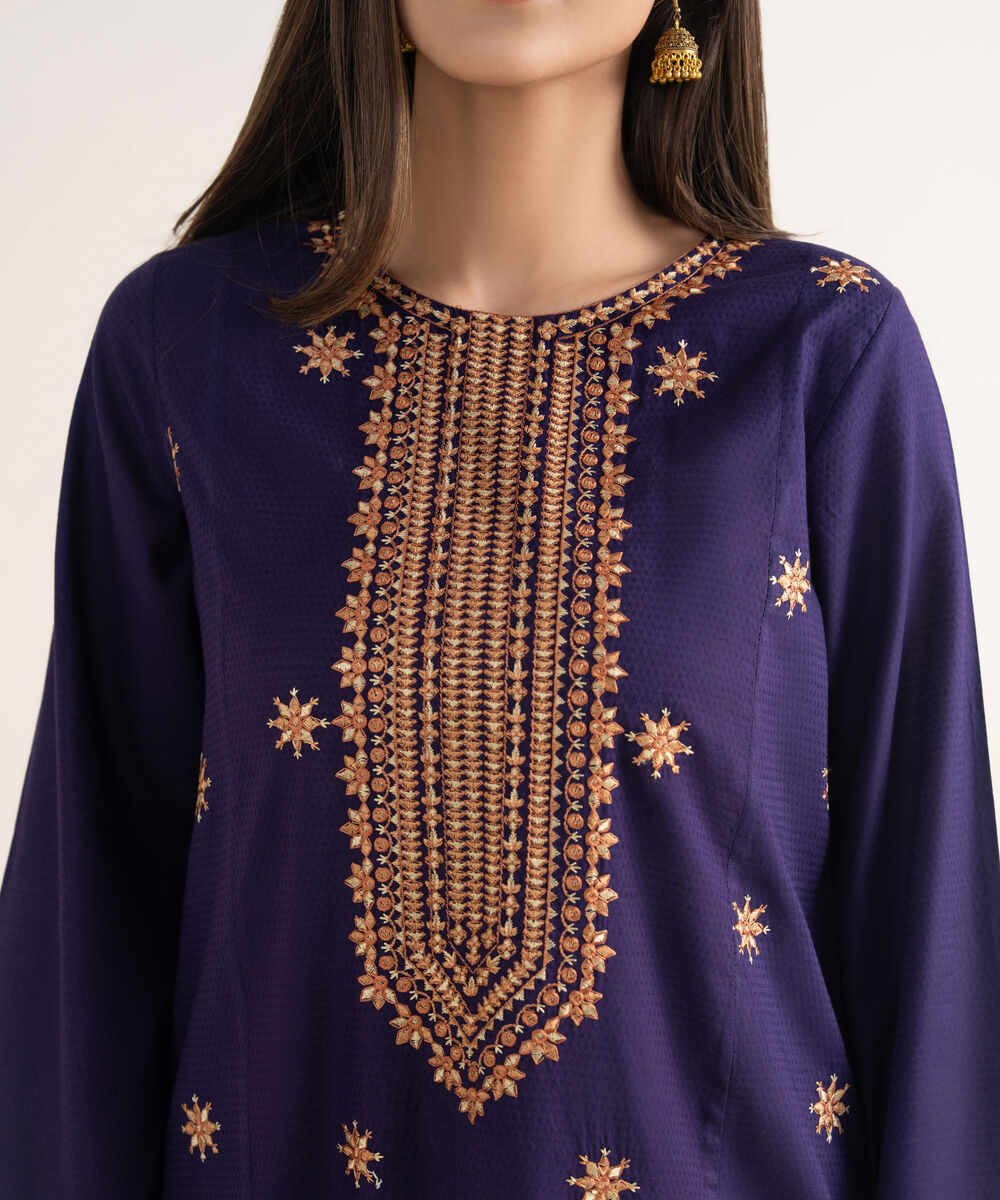 Women's RTW Textured Cotton Purple Embroidered A-Line Shirt