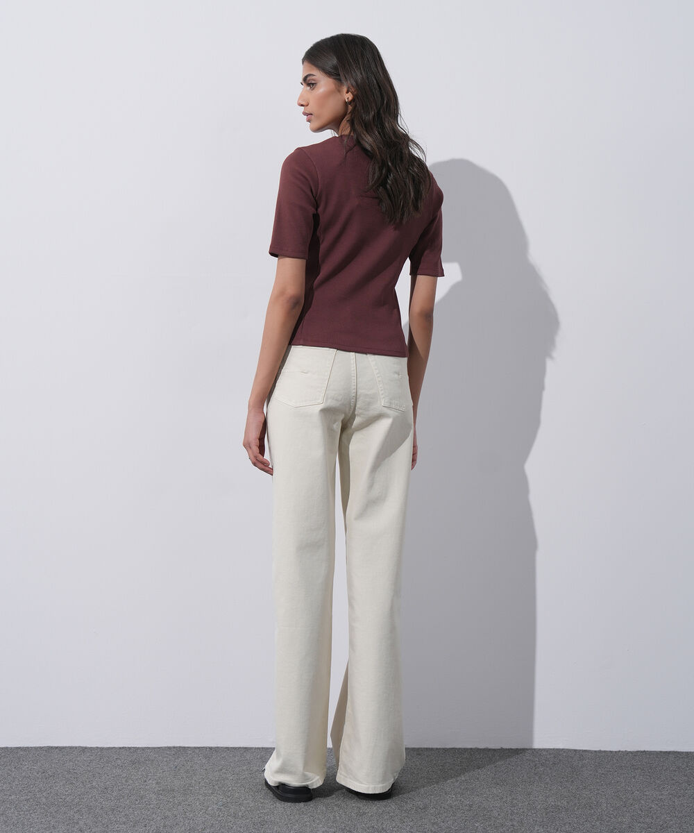 Women's Western Wear Brown Slim-Fit Ribbed T-Shirt