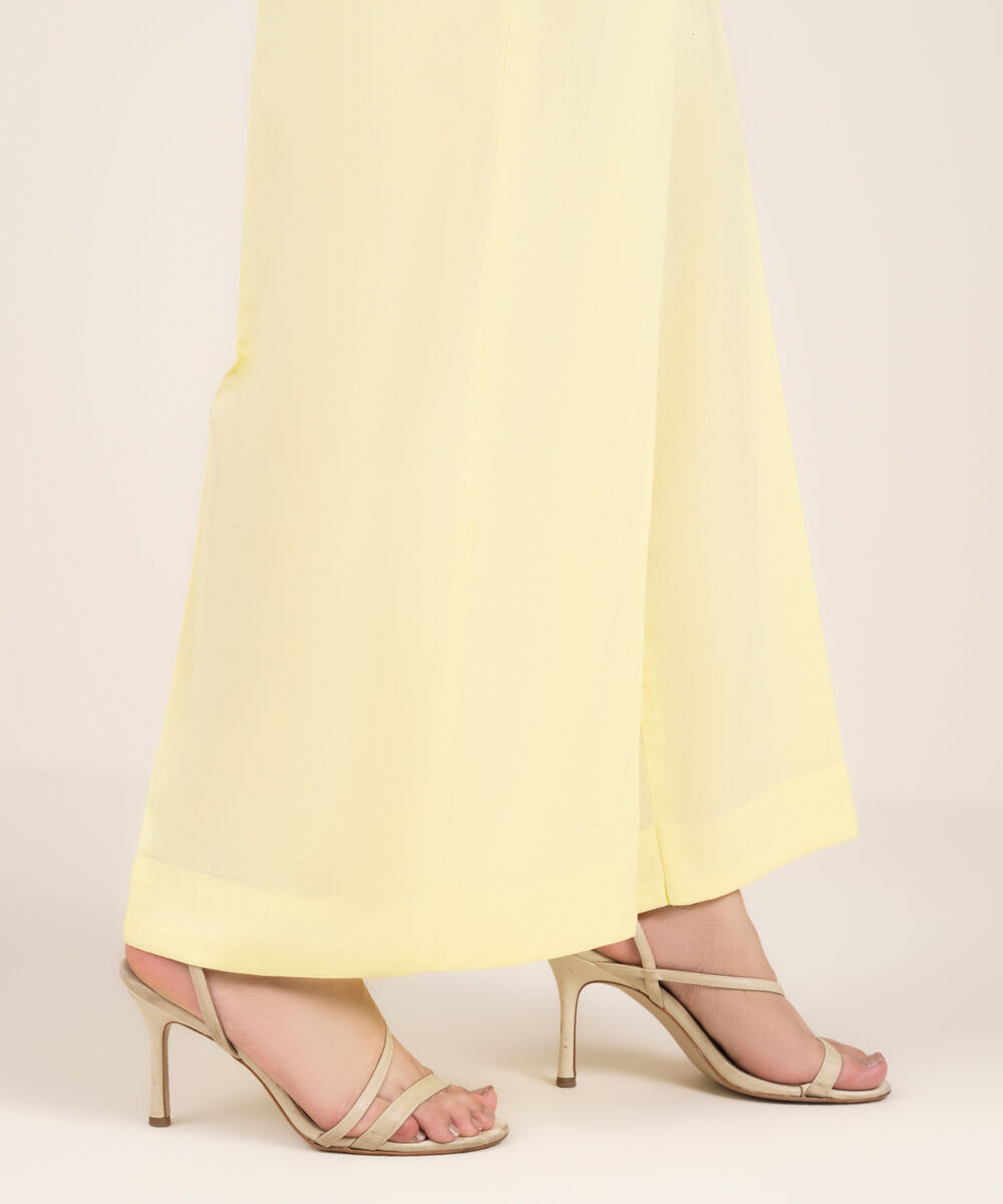 Women's RTW Cotton Viscose Solid Yellow Flared Pants