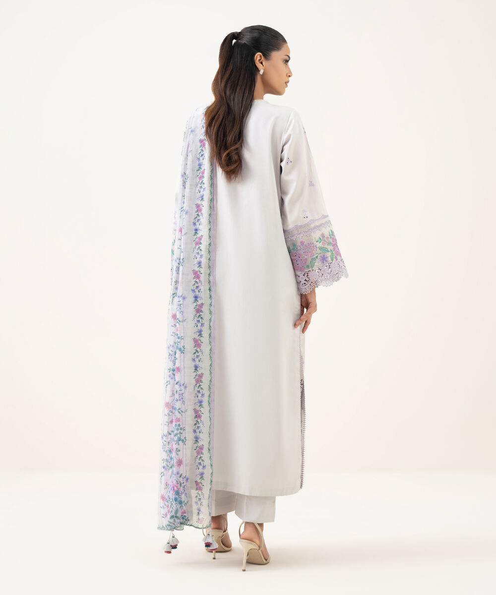 Women's Unstitched Fine Cotton Satin Embroidered Purple 3 Piece Suit