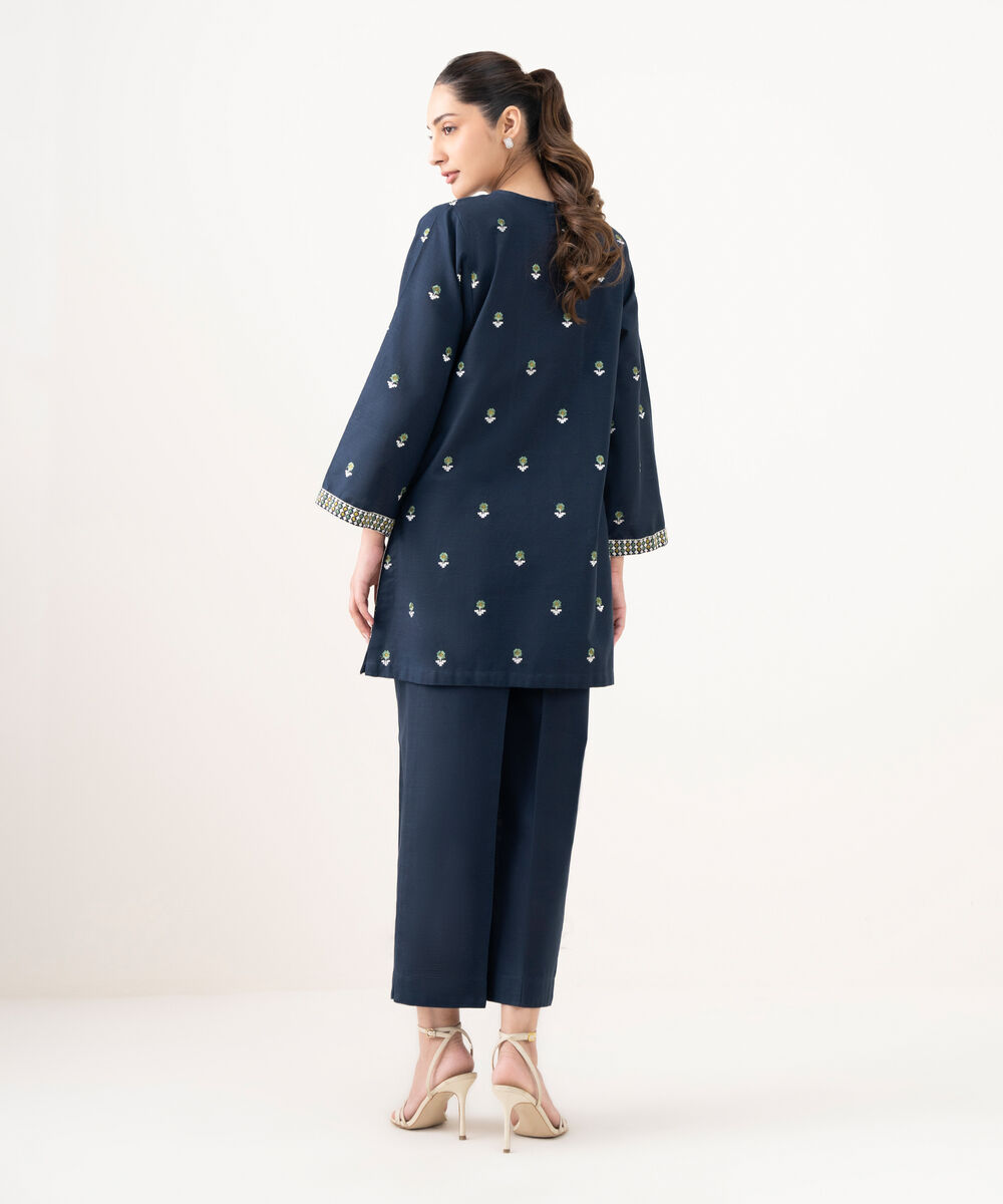 Women's RTW Cotton Embroidered Blue Straight Shirt