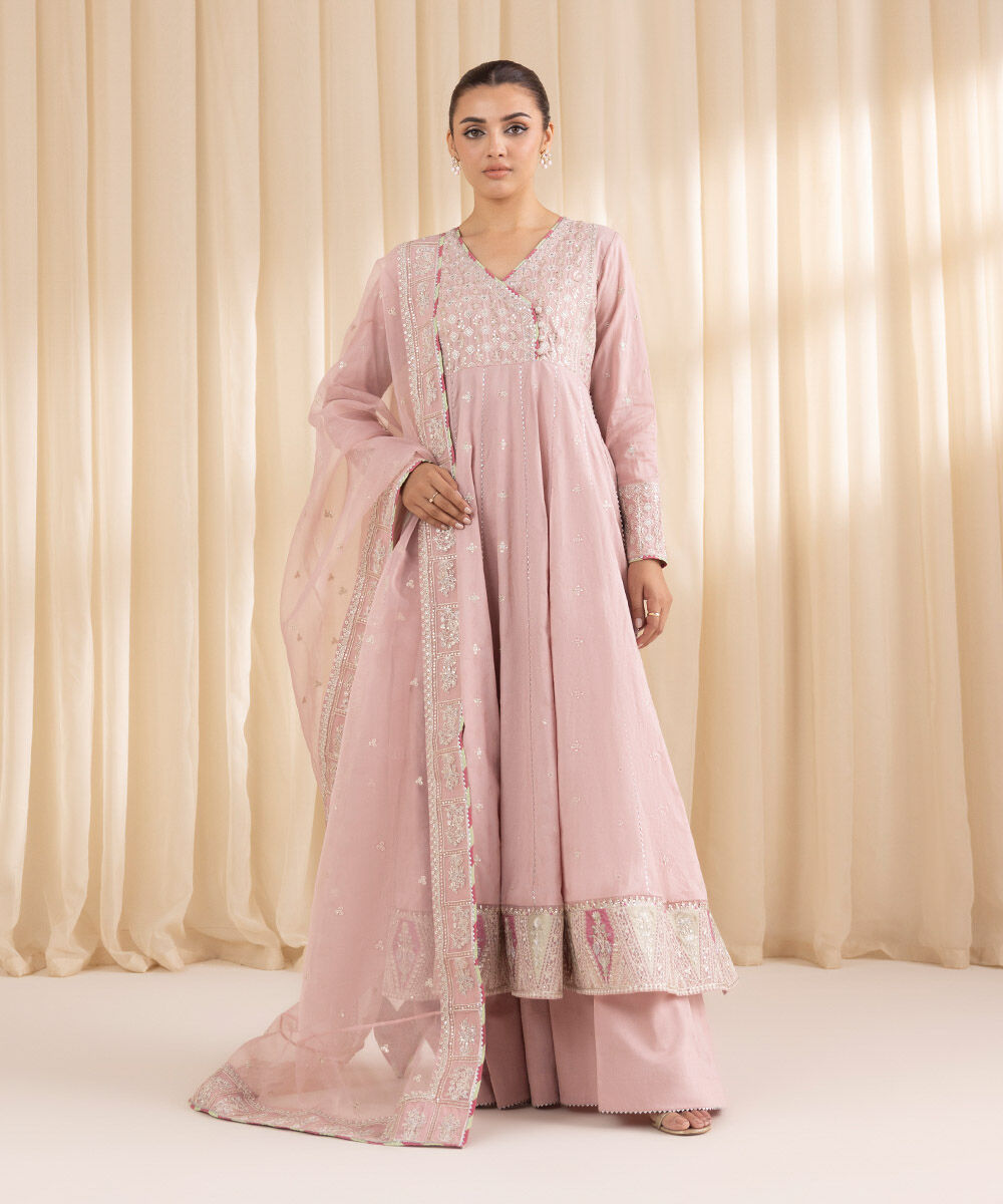 Women's RTW Cotton Jacquard Pink Embroidered Three Piece Suit