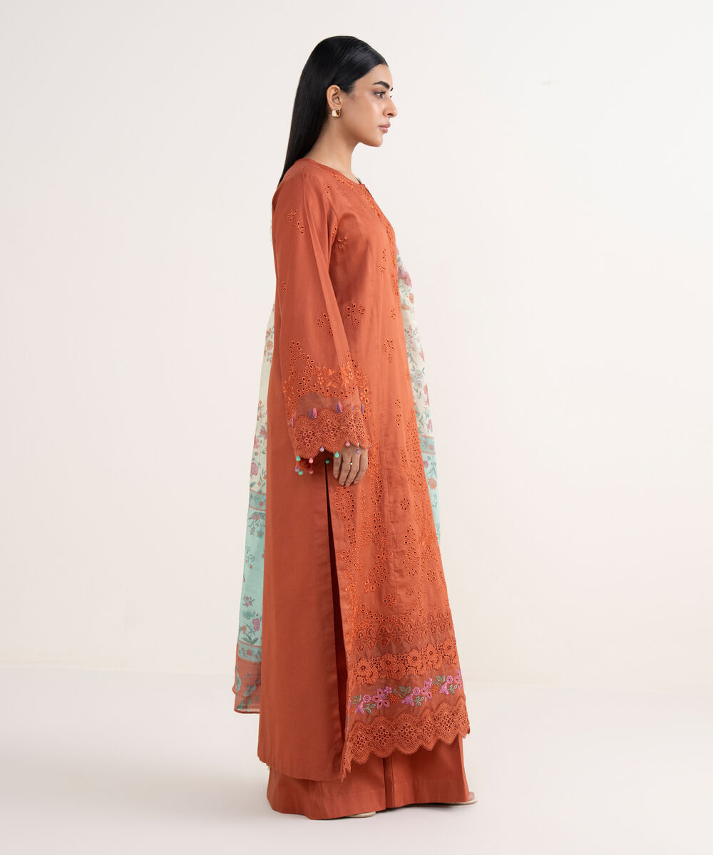 Women's Unstitched Fine Cotton Satin Embroidered Orange 3 Piece Suit