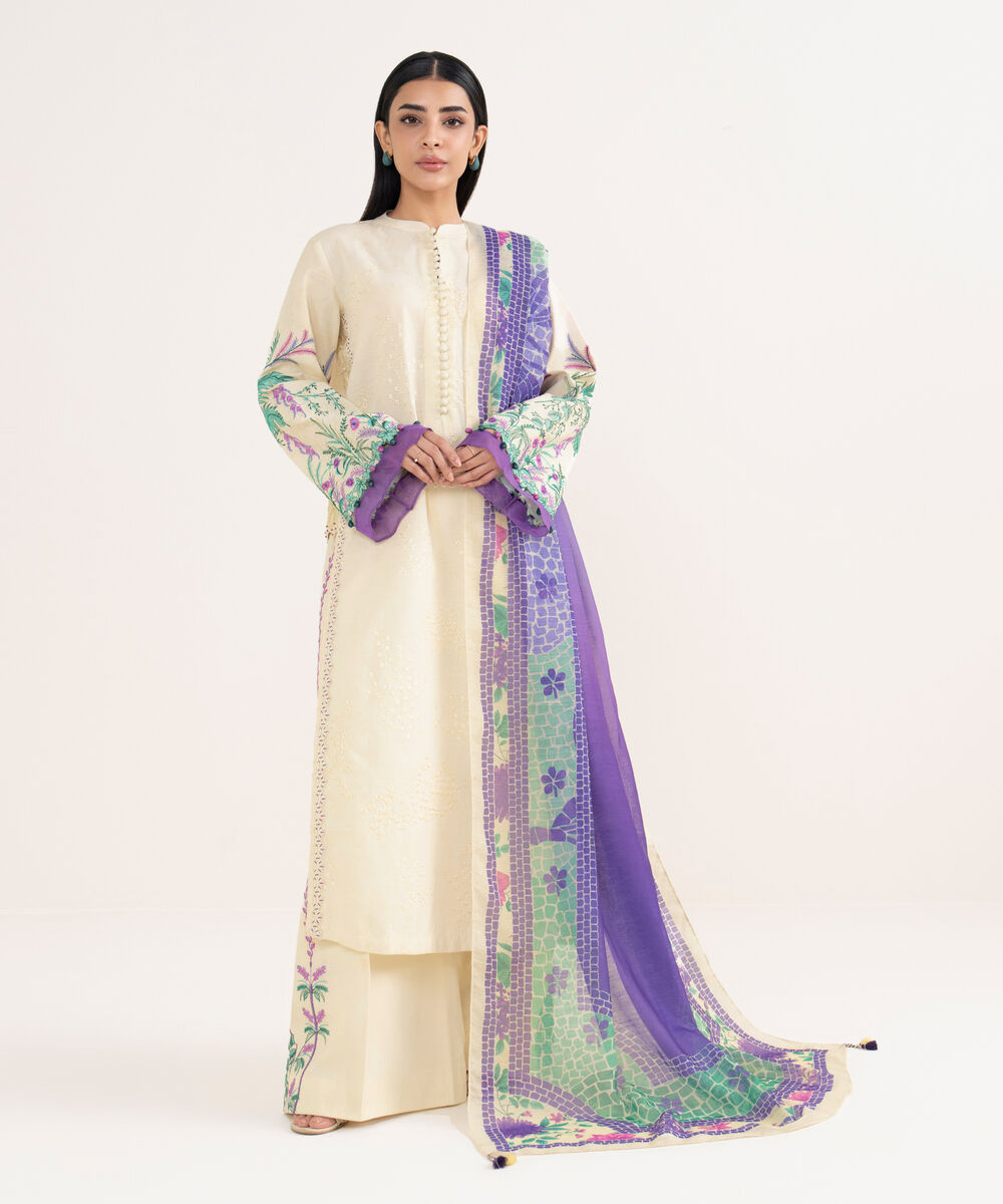 Women's Unstitched Cotton Jacquard Embroidered Off White 3 Piece Suit