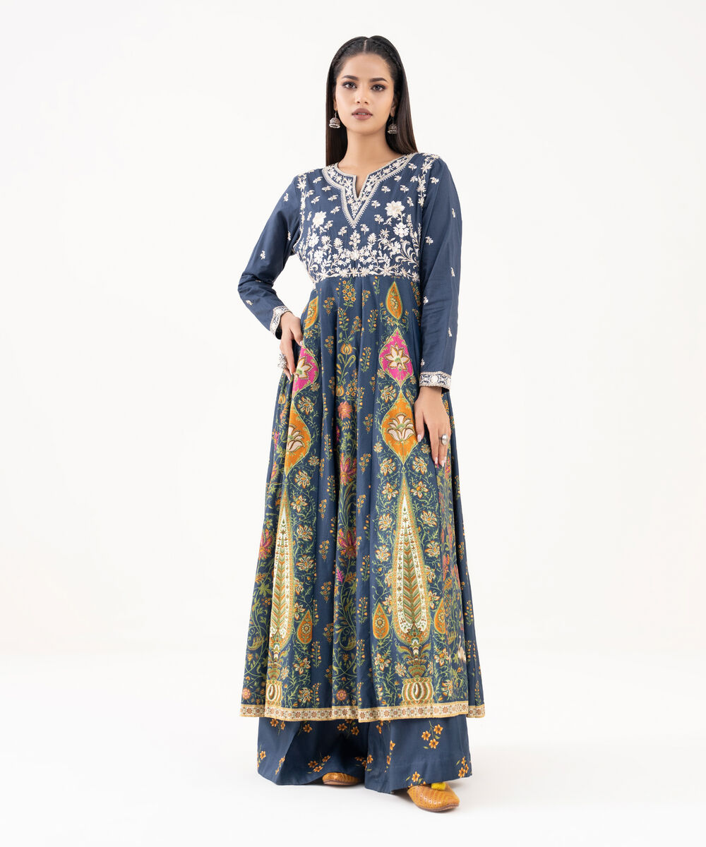 Women's RTW Lawn Viscose Blue Embroidered Pishwas