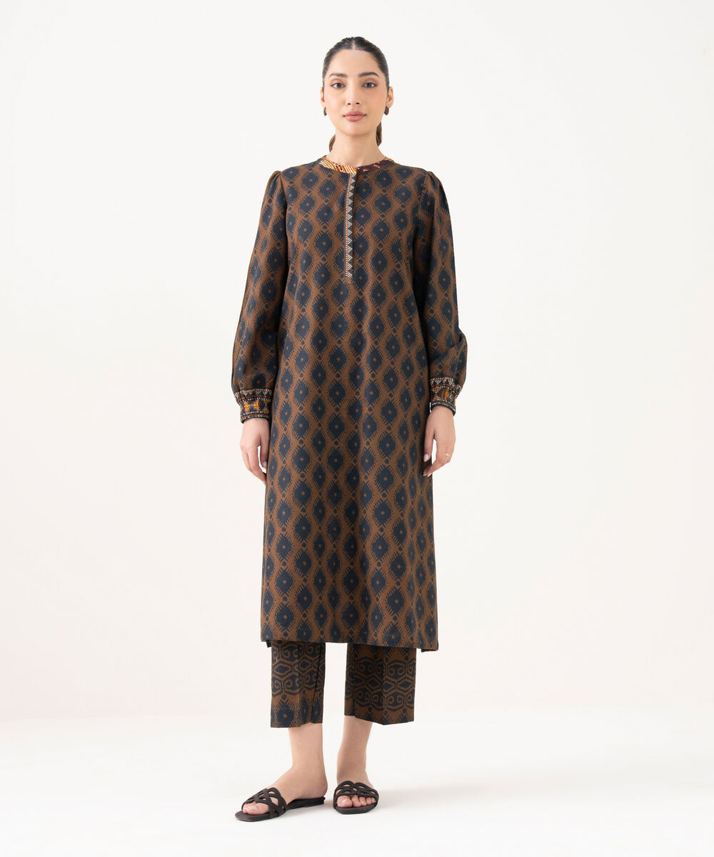 Women's RTW Light Khaddar Printed Brown A-Line Shirt