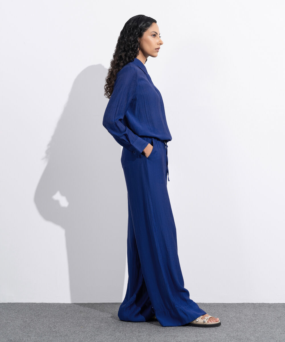 Women's Western Wear Blue Textured Wide-Leg Trousers