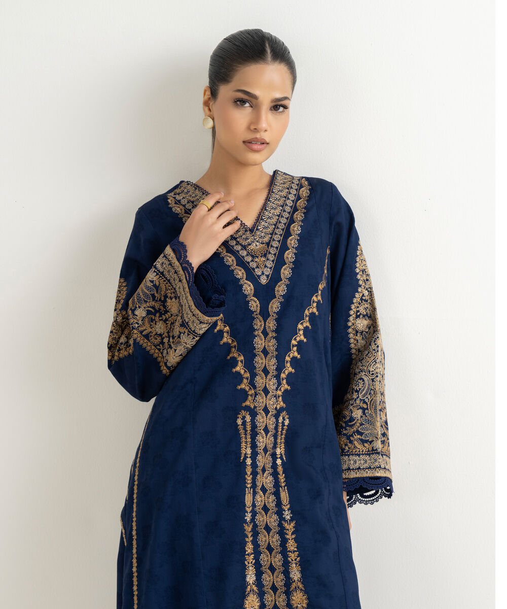 Women's RTW Cotton Jacquard Blue Embroidered A-Line Shirt