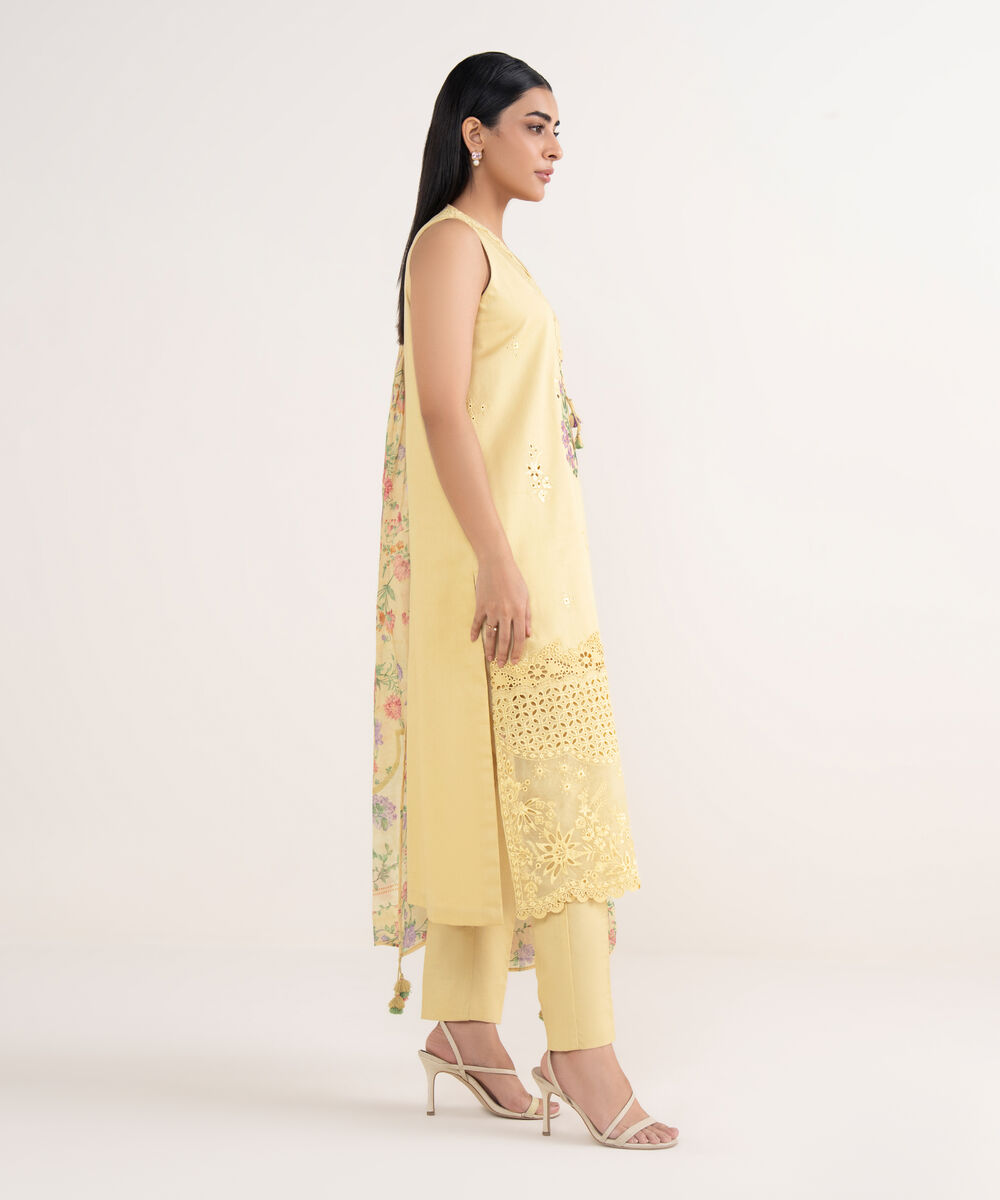 Women's Unstitched Fine Cotton Satin Embroidered Yellow 3 Piece Suit