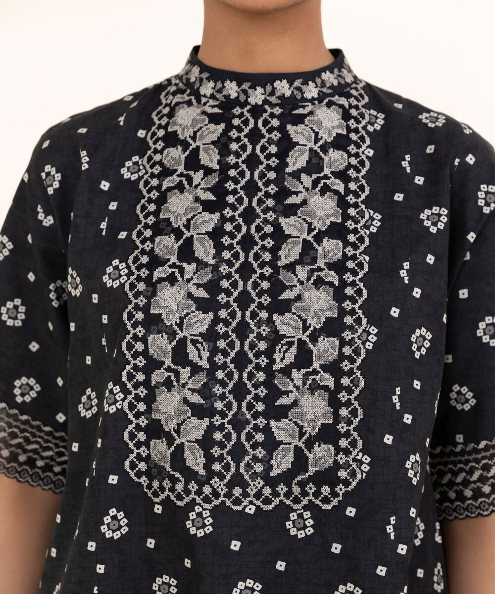 Women's Unstitched Cotton Embroidered Black 2 Piece Suit