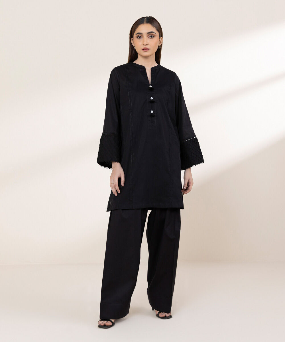Women's RTW Lawn Black Solid A-Line Shirt