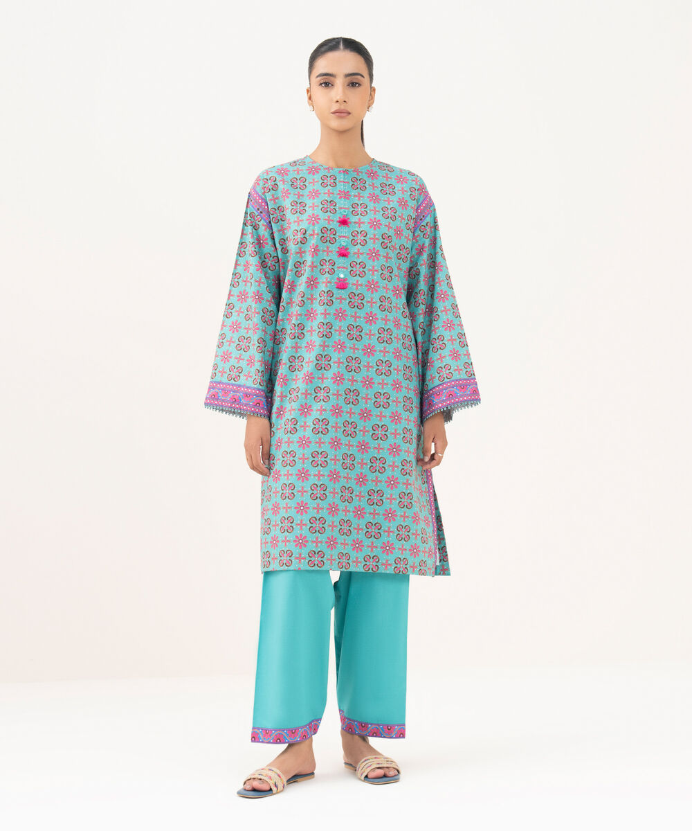 Women's RTW Cambric Teal Printed A-Line Shirt