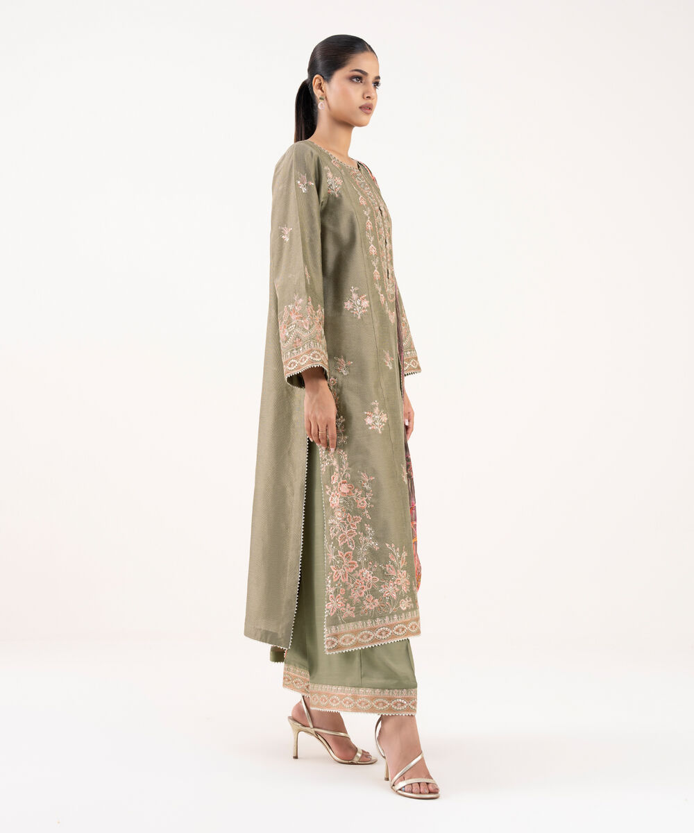 Women's RTW Silk Cotton Net Embroidered Green Three Piece Suit