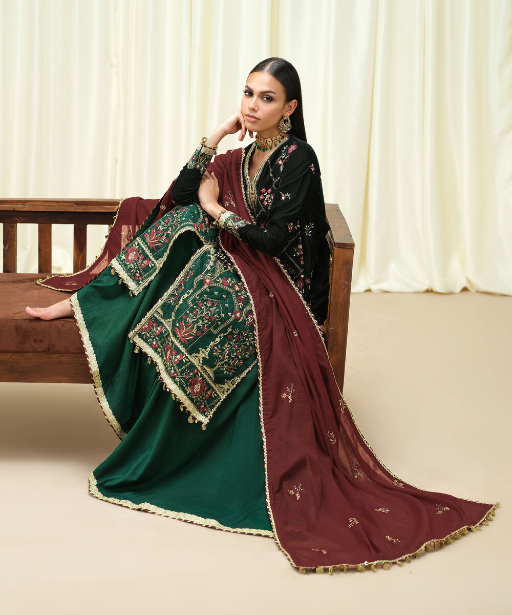 Women's Unstitched Velvet Embroidered Green 3 Piece Suit