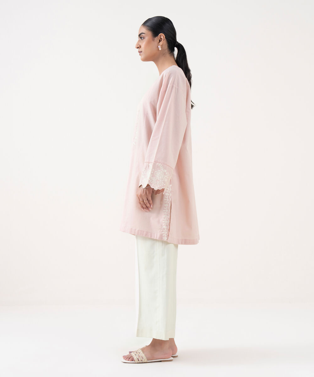 Women's RTW Textured Lawn Pink Embroidered A-Line Shirt