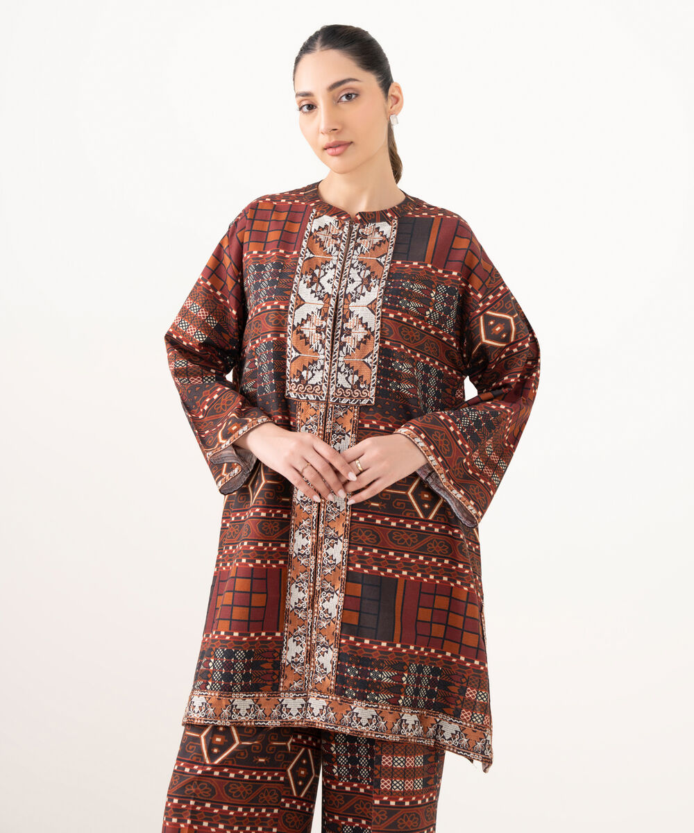 Women's RTW Cotton Embroidered Brown Drop Shoulder Shirt