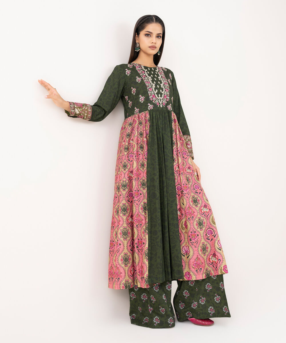 Women's RTW Lawn Viscose Green Embroidered Pishwas