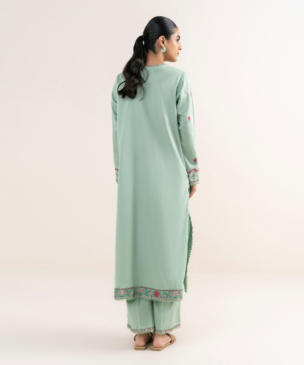 Women's RTW Cotton Satin Green Embroidered A-Line Shirt