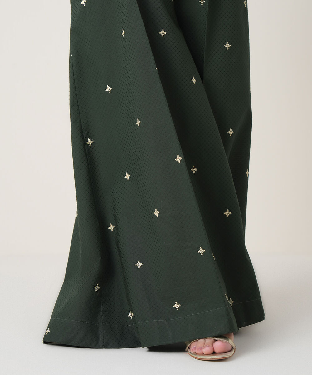 Women's RTW Textured Cotton Green Embroidered Trousers