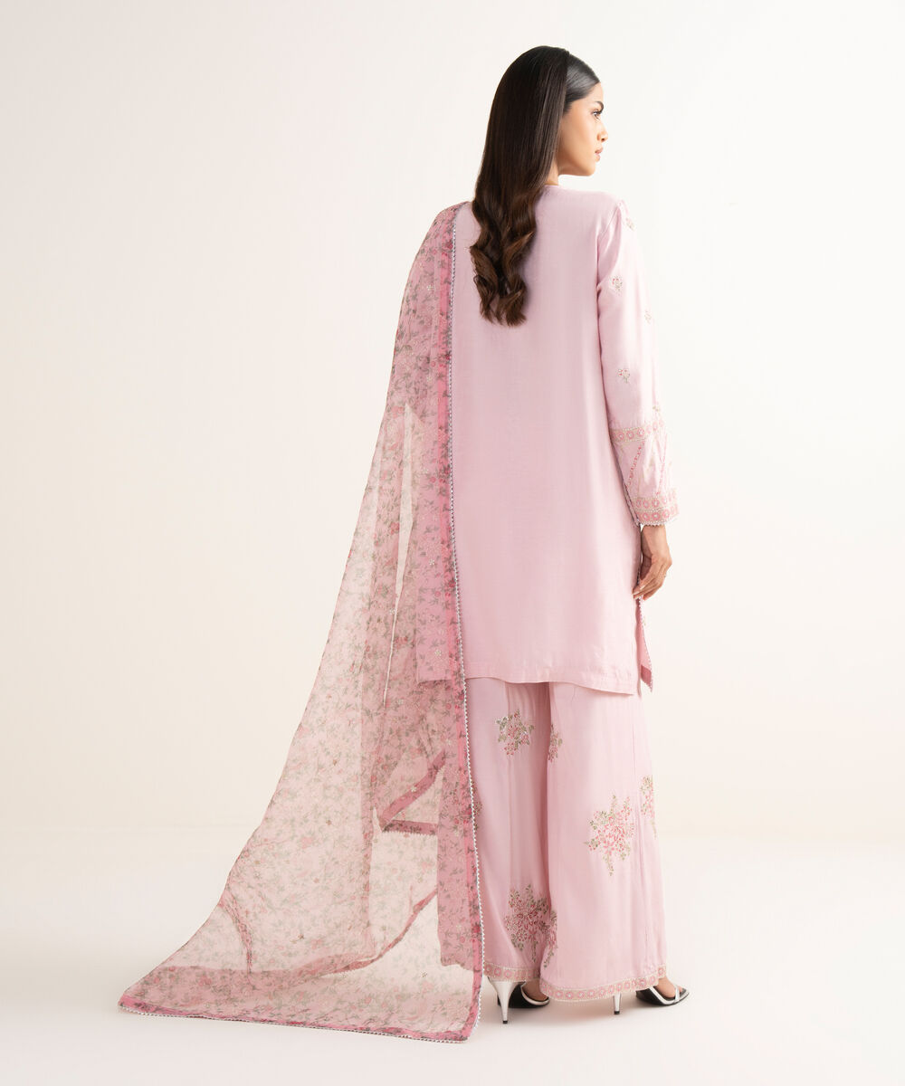 Women's RTW Raw Silk Pink Embroidered 3 Piece Suit