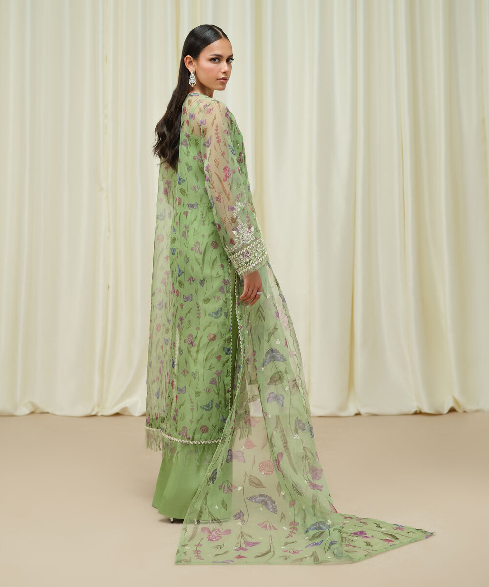 Women's Unstitched Blended Organza Embroidered Green 3 Piece Suit