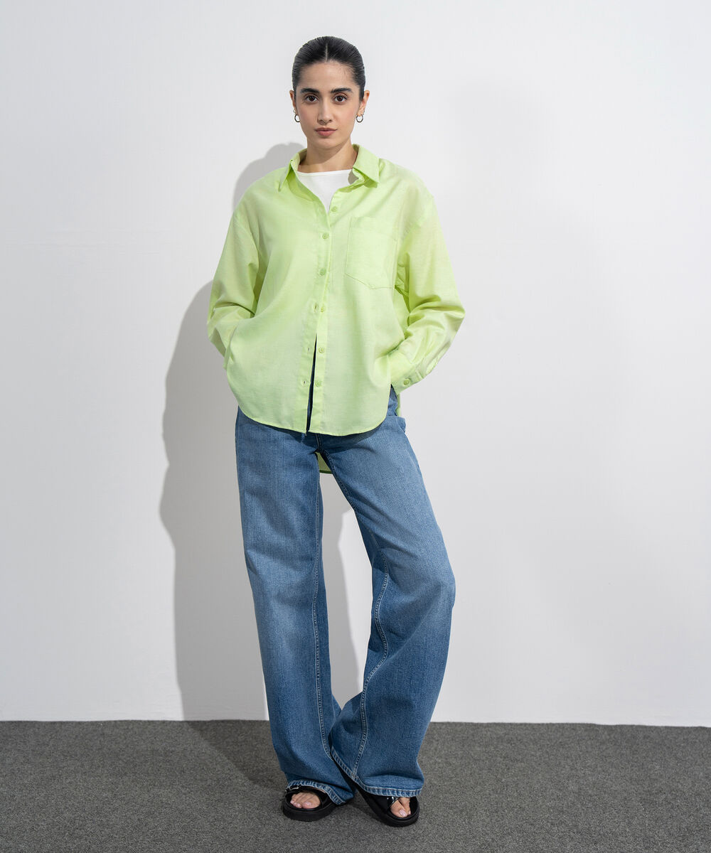 Women's Western Wear Lime Loose-Fit Oxford Shirt