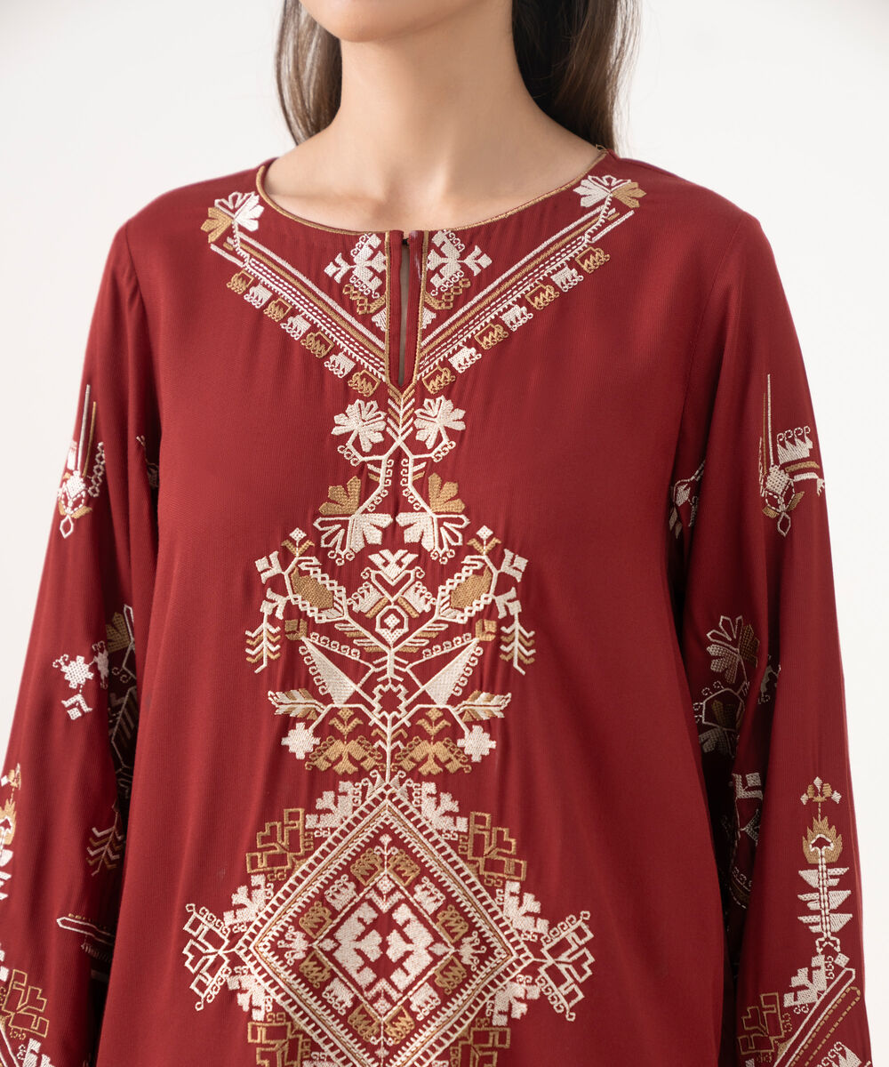 Women's RTW Bedford  Embroidered Maroon Straight Shirt