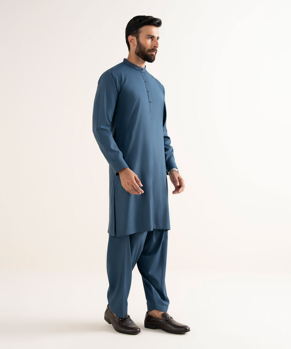 Men's Wash & Wear Embroidered Blue Kurta Shalwar
