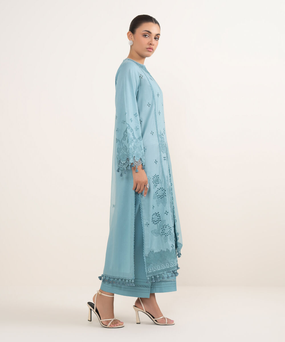 Women's Unstitched Lawn Embroidered Blue 3 Piece Suit