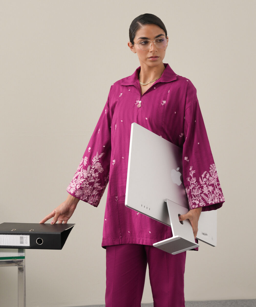 Women's RTW Textured Lawn Purple Embroidered Drop Shoulder Shirt