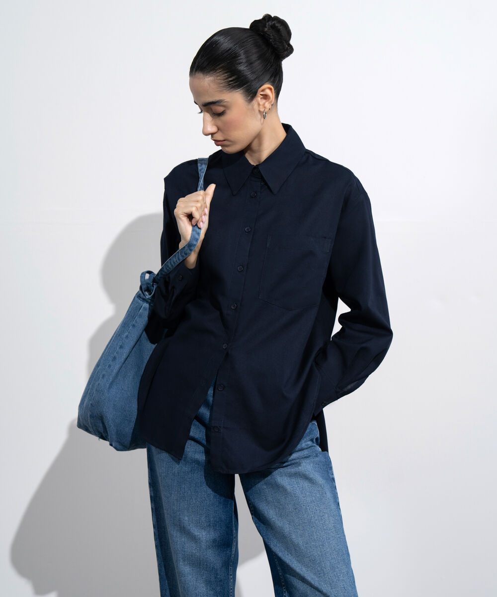 Women's Western Wear Black Loose-Fit Oxford Shirt