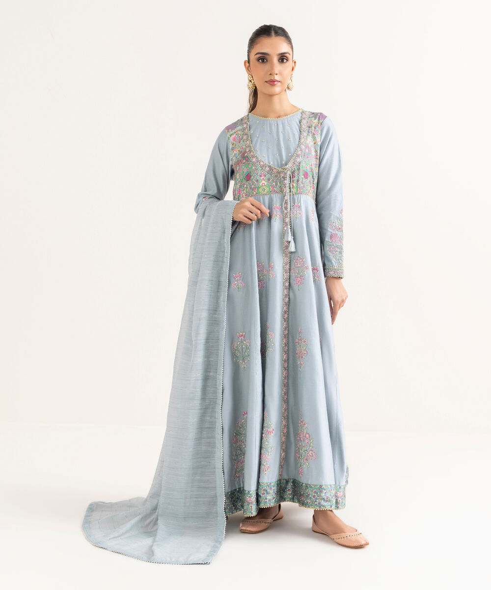 Women's RTW Silk Cotton Net Bue Embroidered 2 Piece Suit