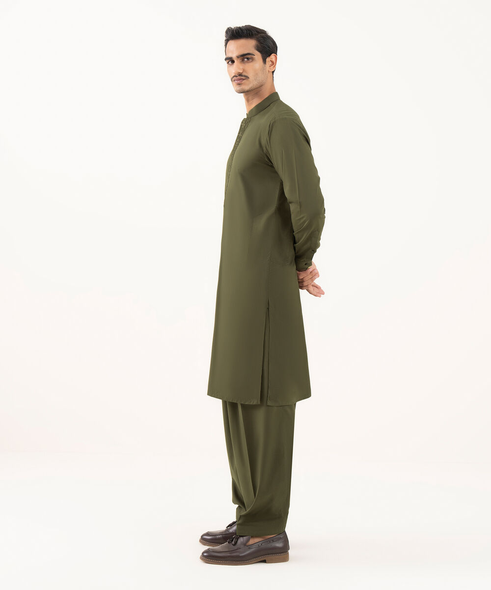 Men's Oxford Embroidered Olive Kurta Shalwar